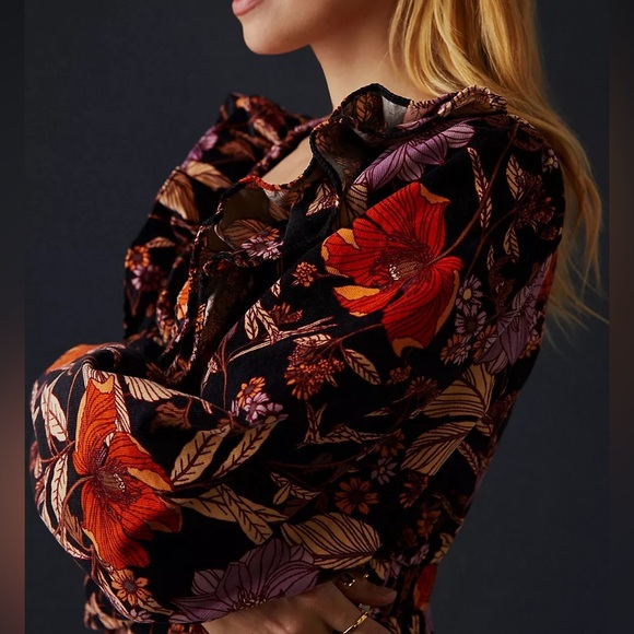 Pilcro Floral Tiered Corduroy Ruffle V Neck Long Sleeve Elastic Waist Pockets - Picture 2 of 6